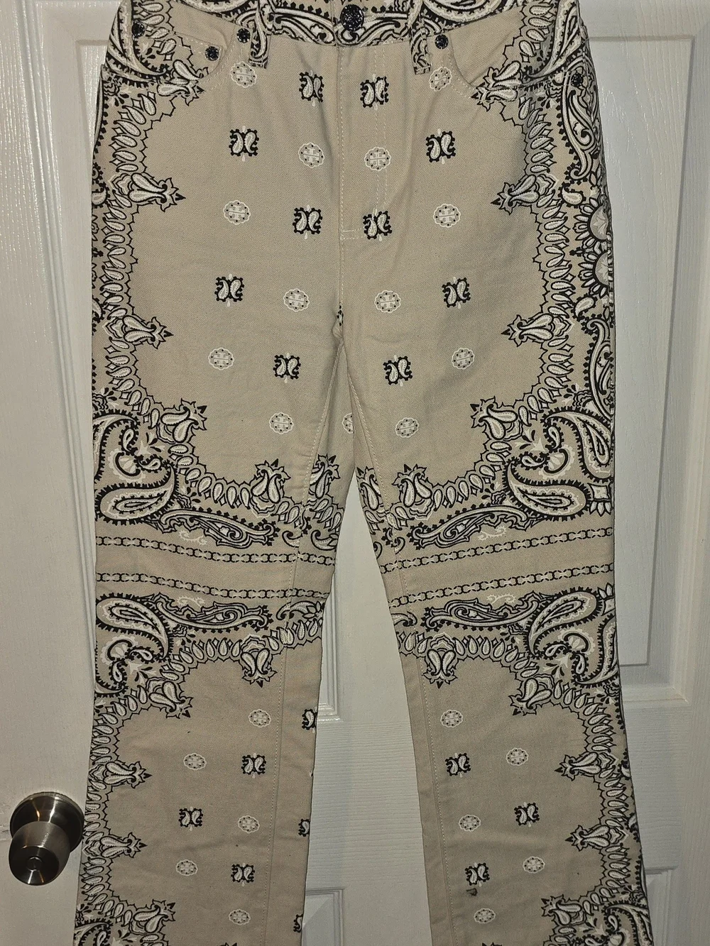 Tory Burch Cream and Black Bandana-Print Boot Cut Jeans